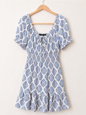 Blue & White Printed Peasant Dress